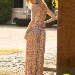 Primavera Couture 3795 Sequined Evening Gown V Neckline V Back Prom Dress A Line Sequin Dresses