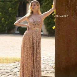 Primavera Couture 3795 Sequined Evening Gown V Neckline V Back Prom Dress A Line Sequin Dresses