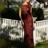 In Stock Primavera Couture 3796 Size 18 Burgundy Sequined Formal Dress High Neckline Cowl Back Evening Gown