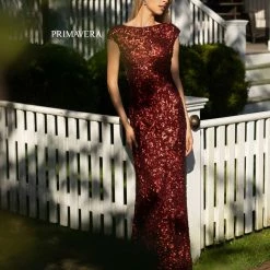 In Stock Primavera Couture 3796 Size 18 Burgundy Sequined Formal Dress High Neckline Cowl Back Evening Gown
