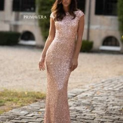 In Stock Primavera Couture 3796 Size 14, 20 Rose Gold Sequined Formal Dress High Neckline Cowl Back Evening Gown