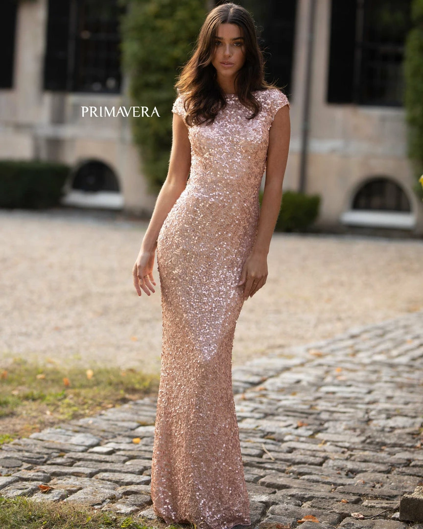 In Stock Primavera Couture 3796 Size 14, 20 Rose Gold Sequined Formal Dress High Neckline Cowl Back Evening Gown 4 In Stock Primavera Couture 3796 Size 14, 20 Rose Gold Sequined Formal Dress High Neckline Cowl Back Evening Gown