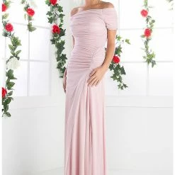 In Stock CD 3813 Size 4 Long Ruched Off The Shoulder Mother Of Formal Evening Dress Peach