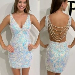 Primavera Couture 3850 Short 2022 Homecoming Dress Fitted Sequin Beaded Short Cocktail Dress Backless Dresses