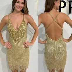 Primavera Couture 3851 Short 2022 Homecoming Dress Fitted Sequin Beaded Short Cocktail Dress Backless Dresses