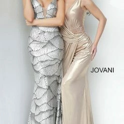 Discontinued Long Sleeve Dresses Jovani 3940 Long Fitted Silver Prom Dress Evening Gown Flare Sexy Black Backless V Neck