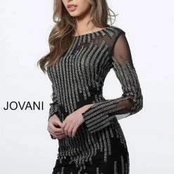 Discontinued Long Sleeve Dresses Jovani 3964 Short Fitted Embellished Long Sleeve Cocktail Dress