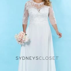 Sydney's Closet SC5232 Faye Wedding Dress Sheer Three Quarter Sleeves Plus Sized SC 5232