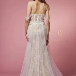 Nox Anabel E441 Off The Shoulder Sheer Lace Wedding Dress Slit Overskirt Bridal Gown Boho