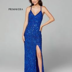 Primavera Couture 3295 Prom Dress V Neckline Sequins Backless Slit Formal Evening Gown Backless Dresses