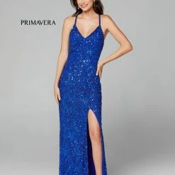 In Stock Primavera Couture 3295 Size 2 Purple Prom Dress V Neckline Sequins Backless Slit Formal Evening Gown 74 In Stock Primavera Couture 3295 Size 2 Purple Prom Dress V Neckline Sequins Backless Slit Formal Evening Gown
