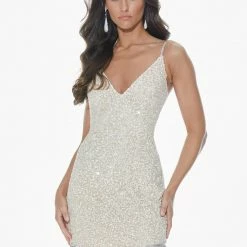 Ashleylauren Ashley Lauren 4387 Aqua Cocktail Dress Sequins With Fringe Hem V Neckline