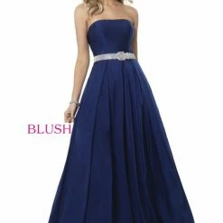 In Stock Blush Prom 11960 Size 12 Jersey A Line Strapless Prom Dress Crystal Belt Neon Pink