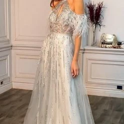 Andrea & Leo Couture Andrea & Leo ANASTASIA A1023 A Line Sheer Feather Beaded Formal Dress Off Shoulder