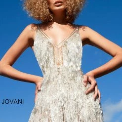 Jovani 4001 Short V Neck Silver Fringe Cocktail Formal Evening Dress Sheer Fringe & Tassels