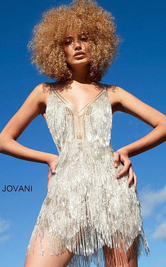 Jovani 4001 Short V Neck Silver Fringe Cocktail Formal Evening Dress Sheer Fringe & Tassels 4 Jovani 4001 Short V Neck Silver Fringe Cocktail Formal Evening Dress Sheer Fringe & Tassels