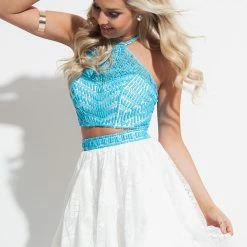 In Stock Backless Dresses Rachel Allan 4027 Size 8 Short Two Piece Homecoming Dress Beaded Lace