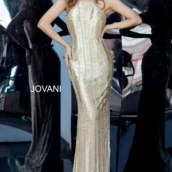 Jovani Couture 4076 Long Fitted Beaded Dress Tassel Fringe Evening Gown Gold