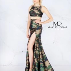 In Stock Mac Duggal 40814 Size 12 Two Piece Camo Prom Dress Formal Gown Slit High Neckline Mermaid Dresses