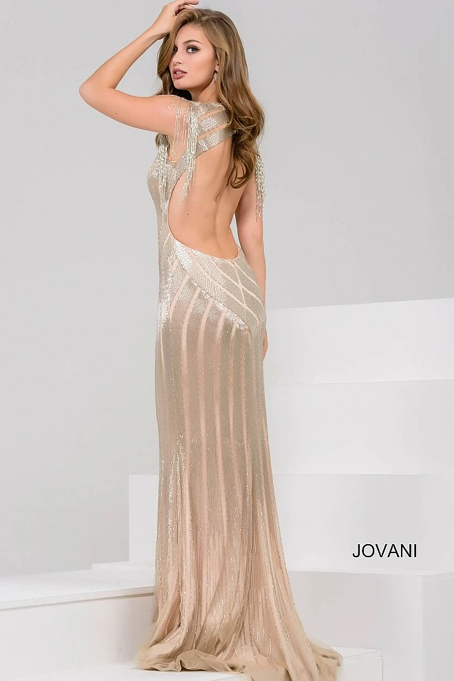 Fringe & Tassels Jovani Nude And Silver Beaded Open Back Dress 40900 4 Fringe & Tassels Jovani Nude And Silver Beaded Open Back Dress 40900