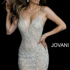 Jovani 60928 Nude Beaded Cocktail Dress Crisscross Back Short Dress 40928