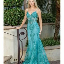 Dancing Queen DQ 4118 Long Sheer Sequin Mermaid Prom Dress Pageant Gown V Neck Crystal Belt