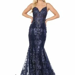 Dancing Queen DQ 4118 Long Sheer Sequin Mermaid Prom Dress Pageant Gown V Neck Crystal Belt