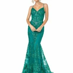 Dancing Queen DQ 4118 Long Sheer Sequin Mermaid Prom Dress Pageant Gown V Neck Crystal Belt