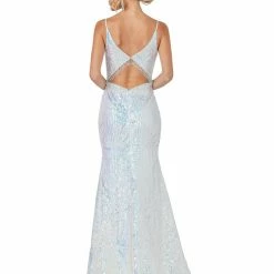 In Stock DQ 4158 Size 6 Long Fitted Sequin Prom Dress Pageant Fringe Back Formal Gown