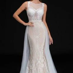 Discontinued Nina Canacci 4191 Embroidered Long Wedding Dress Sheer Over Skirt Mermaid