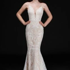 In Stock Nina Canacci 4201 Size 10 Ivory/Nude Lace V Neck Mermaid Wedding Dress