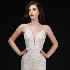In Stock Nina Canacci 4201 Size 10 Ivory/Nude Lace V Neck Mermaid Wedding Dress