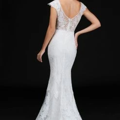 Discontinued Wedding Dresses Nina Canacci 4203 Long Lace Mermaid Cap Sleeve Wedding Dress Sheer Back Sweetheart