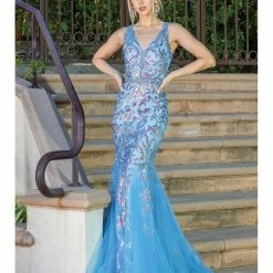 In Stock DQ 4213 Size 6 Turquoise Long Fitted Sequin Mermaid Prom Dress Pageant Gown