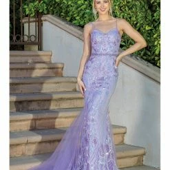 In Stock Mermaid Dresses DQ 4220 Size 6, 12 Lilac Long Mermaid Prom Dress Pageant Gown Sequin Lace V Neck