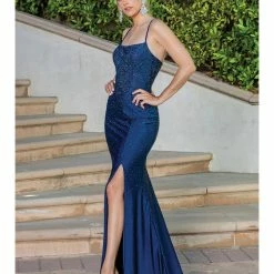 In Stock DQ 4242 Size 14 Navy Long Fitted Jersey Crystal Prom Dress Slit Backless Corset Formal Gown