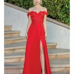 In Stock DQ 4268 Size 16 Red Long Off The Shoulder Maxi Slit Formal Prom Dress Corset Gown