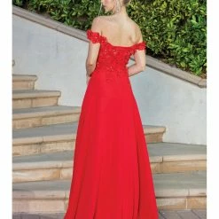 In Stock DQ 4268 Size 16 Red Long Off The Shoulder Maxi Slit Formal Prom Dress Corset Gown