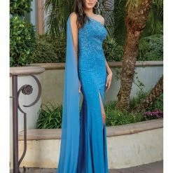 Dancing Queen DQ 4284 Long Fitted Jersey One Shoulder Prom Dress Pageant Gown Cape Slit Crystal