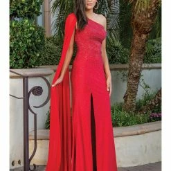 Dancing Queen DQ 4284 Long Fitted Jersey One Shoulder Prom Dress Pageant Gown Cape Slit Crystal