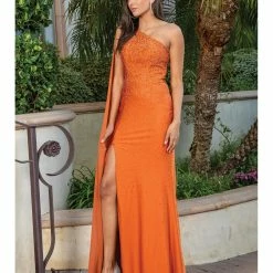 Dancing Queen DQ 4284 Long Fitted Jersey One Shoulder Prom Dress Pageant Gown Cape Slit Crystal