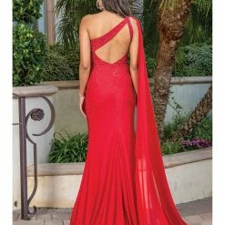 Dancing Queen DQ 4284 Long Fitted Jersey One Shoulder Prom Dress Pageant Gown Cape Slit Crystal