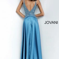 Discontinued Long Sleeve Dresses Jovani 4287 Long Satin Maxi Prom Dress Embellished Bodice V Neck Pageant Gown