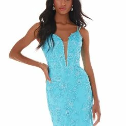 Ashleylauren Ashley Lauren 4371 Aqua Cocktail Dress Short Fitted Lace Plunging Neckline Backless Dresses