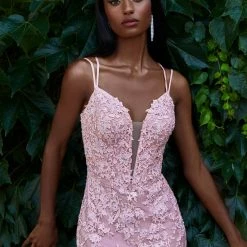 Ashleylauren Ashley Lauren 4371 Blush Cocktail Dress Short Fitted Lace Plunging Neckline