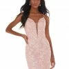 Ashleylauren Ashley Lauren 4371 Blush Cocktail Dress Short Fitted Lace Plunging Neckline
