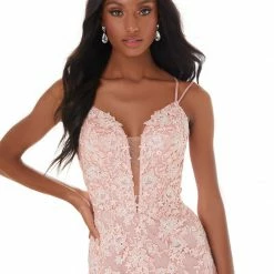 Ashleylauren Ashley Lauren 4371 Blush Cocktail Dress Short Fitted Lace Plunging Neckline 21 Ashleylauren Ashley Lauren 4371 Blush Cocktail Dress Short Fitted Lace Plunging Neckline