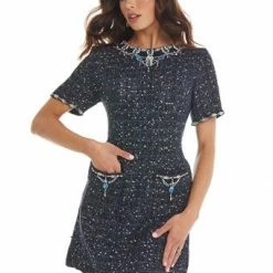 Ashleylauren Ashley Lauren 4380 Tweed Cocktail Beaded Details Short Cocktail Dress Pageant Wear