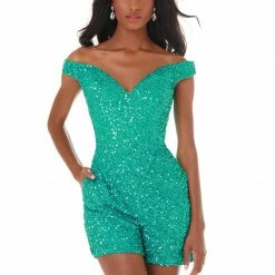 Ashleylauren Jumpsuits & Rompers Ashley Lauren 4393 Short Sequin Off The Shoulder Formal Romper Prom Pageant