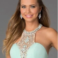 In Stock Jovani JVN20530 Mint Size 2 Prom Dress High Neck Sheer Waist High Slit CLEARANCE